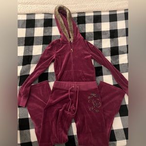 Juicy Couture Women's Magenta Jumpsuit With Fur lined Hoodie Set